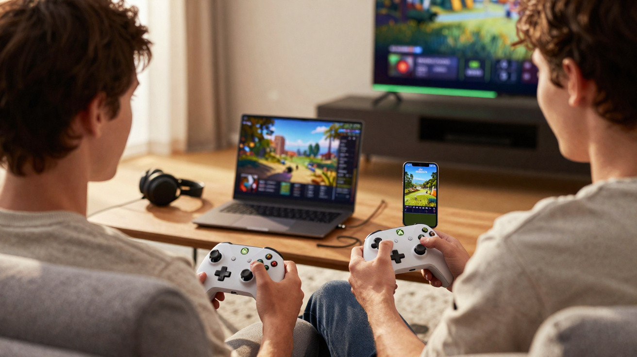 Duas pessoas jogando videogame com controles brancos, tela de laptop, celular e TV exibindo o jogo.