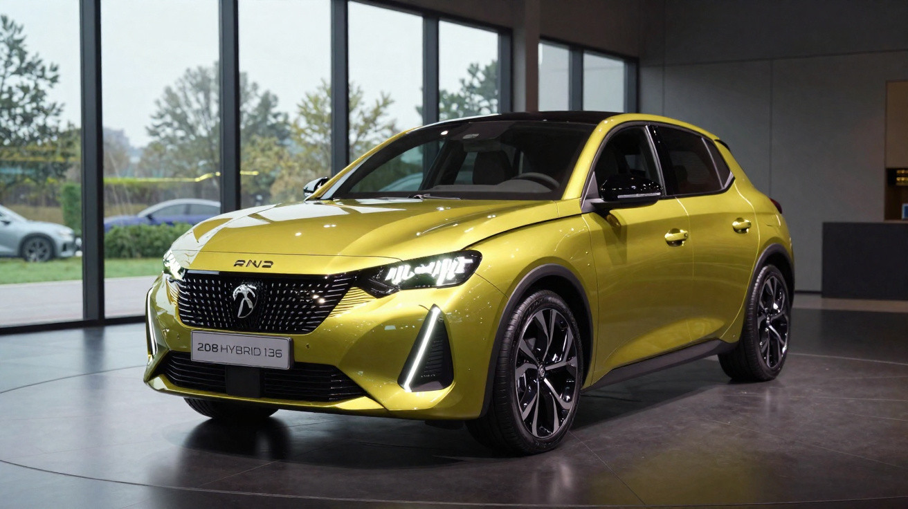 Carro compacto Peugeot 208 Hybrid 136 amarelo em showroom com iluminação moderna e vidro ao fundo.