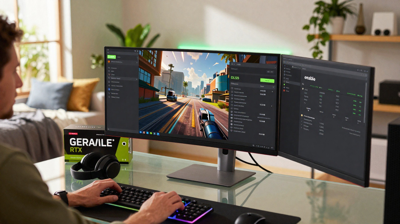 Pessoa usando computador com dois monitores exibindo jogo de corrida e painel de controle em ambiente de escritório em casa.