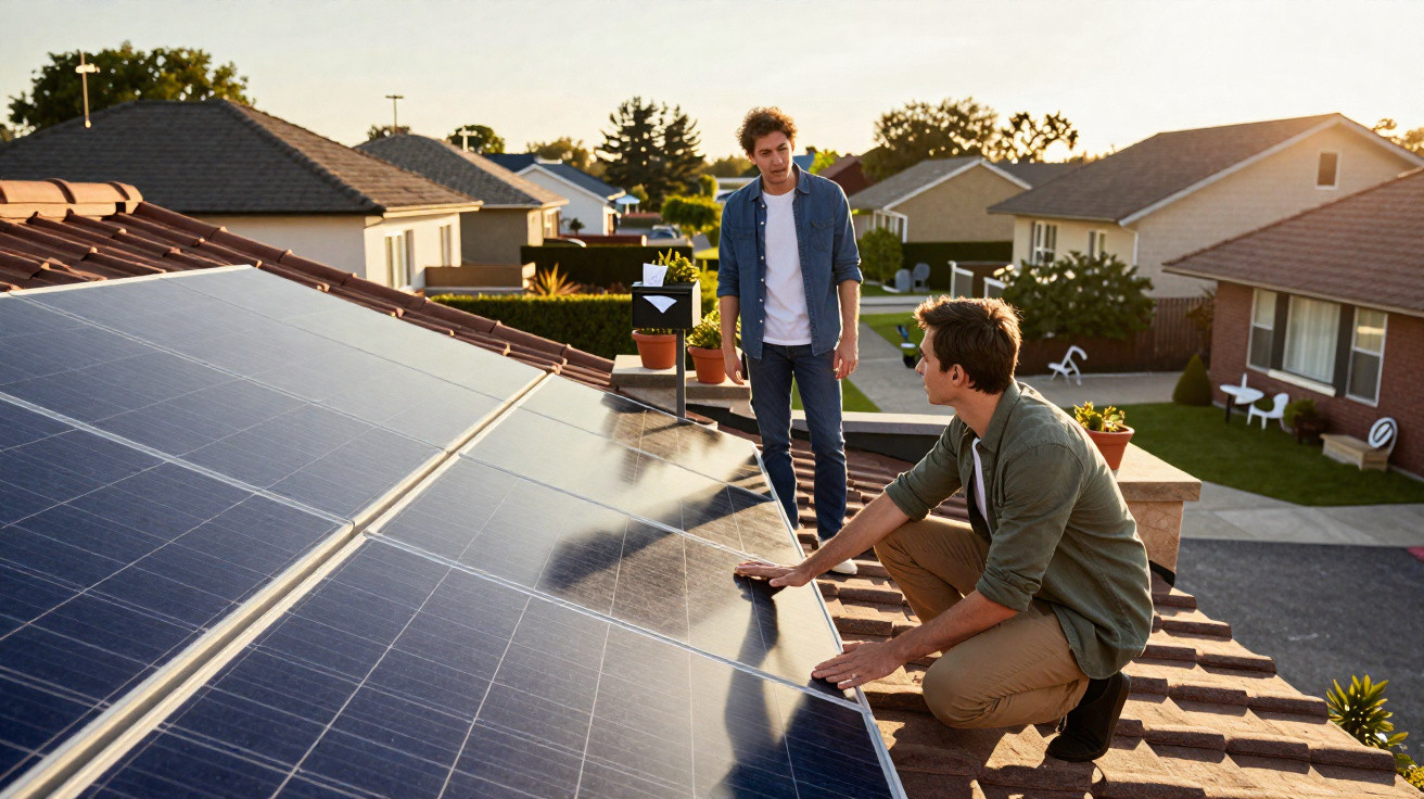 Dois homens instalando painéis solares no telhado de uma casa em bairro residencial ao entardecer.