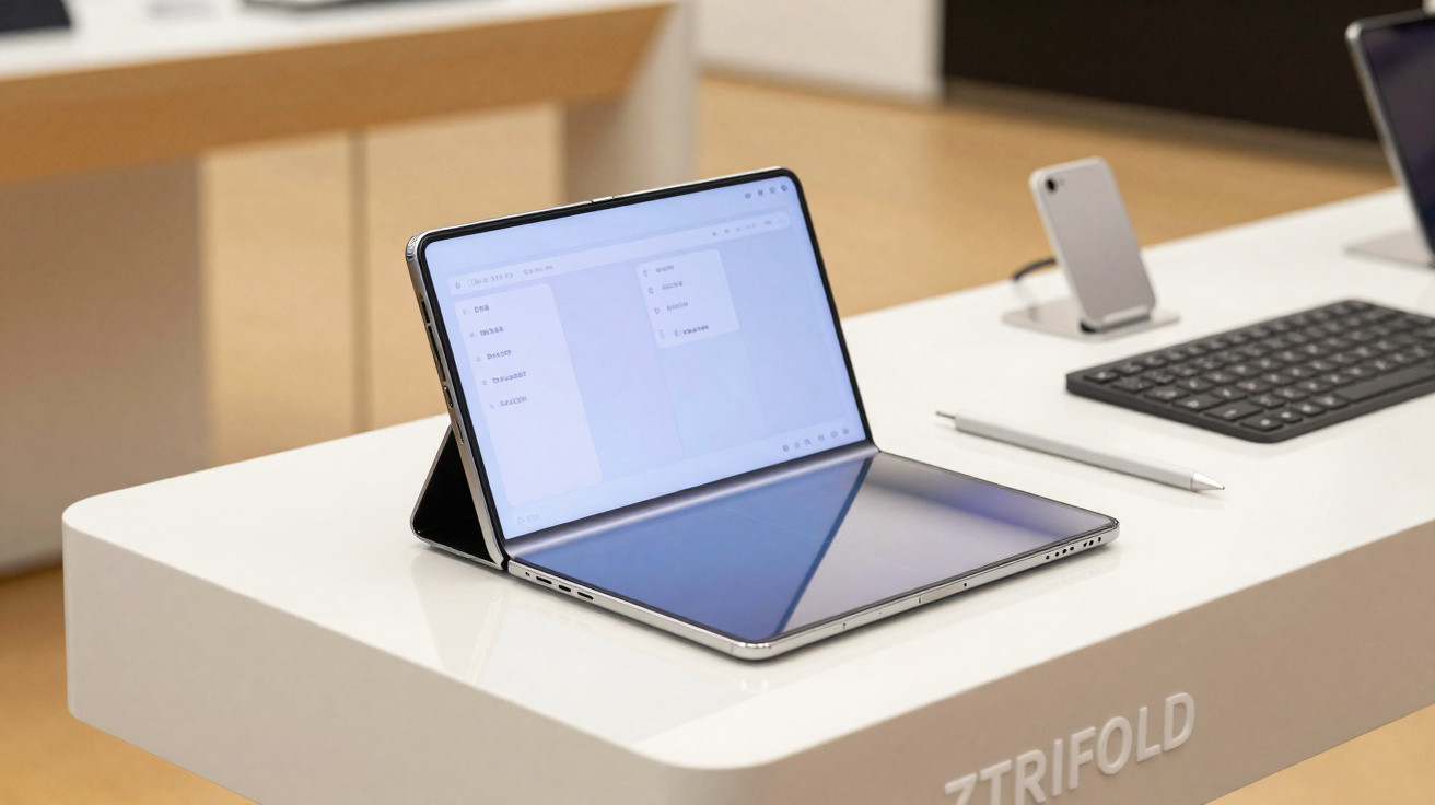 Tablet dobrável em formato horizontal exibido em mesa branca com outros dispositivos eletrônicos ao fundo.