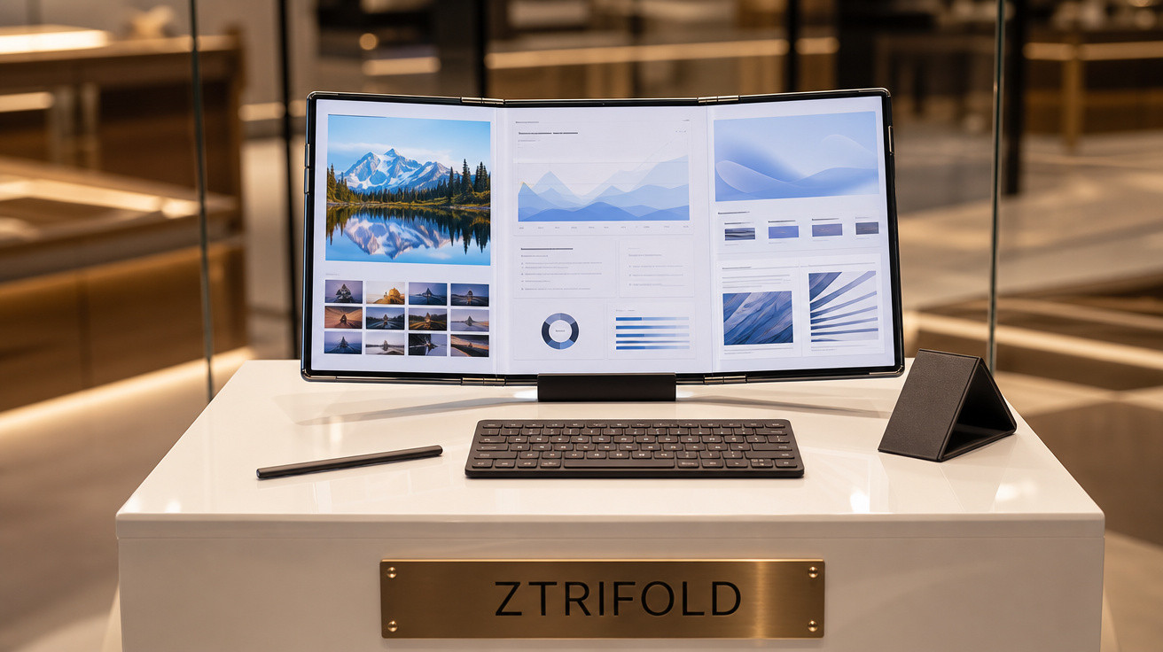 Monitor curvo triplo exibindo gráficos e fotos, teclado e caneta sobre mesa branca em ambiente moderno.