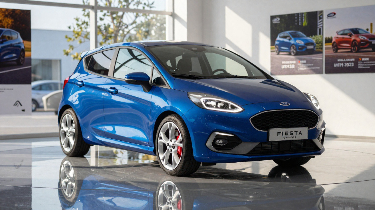 Carro hatchback azul Ford Fiesta 2023 exibido em showroom com piso refletivo.
