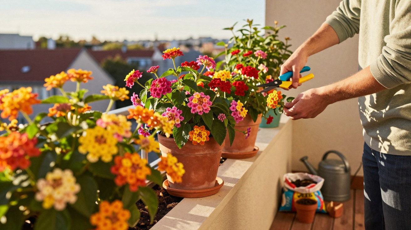 Pessoa cuidando de flores coloridas em vasos no parapeito de uma varanda ensolarada.