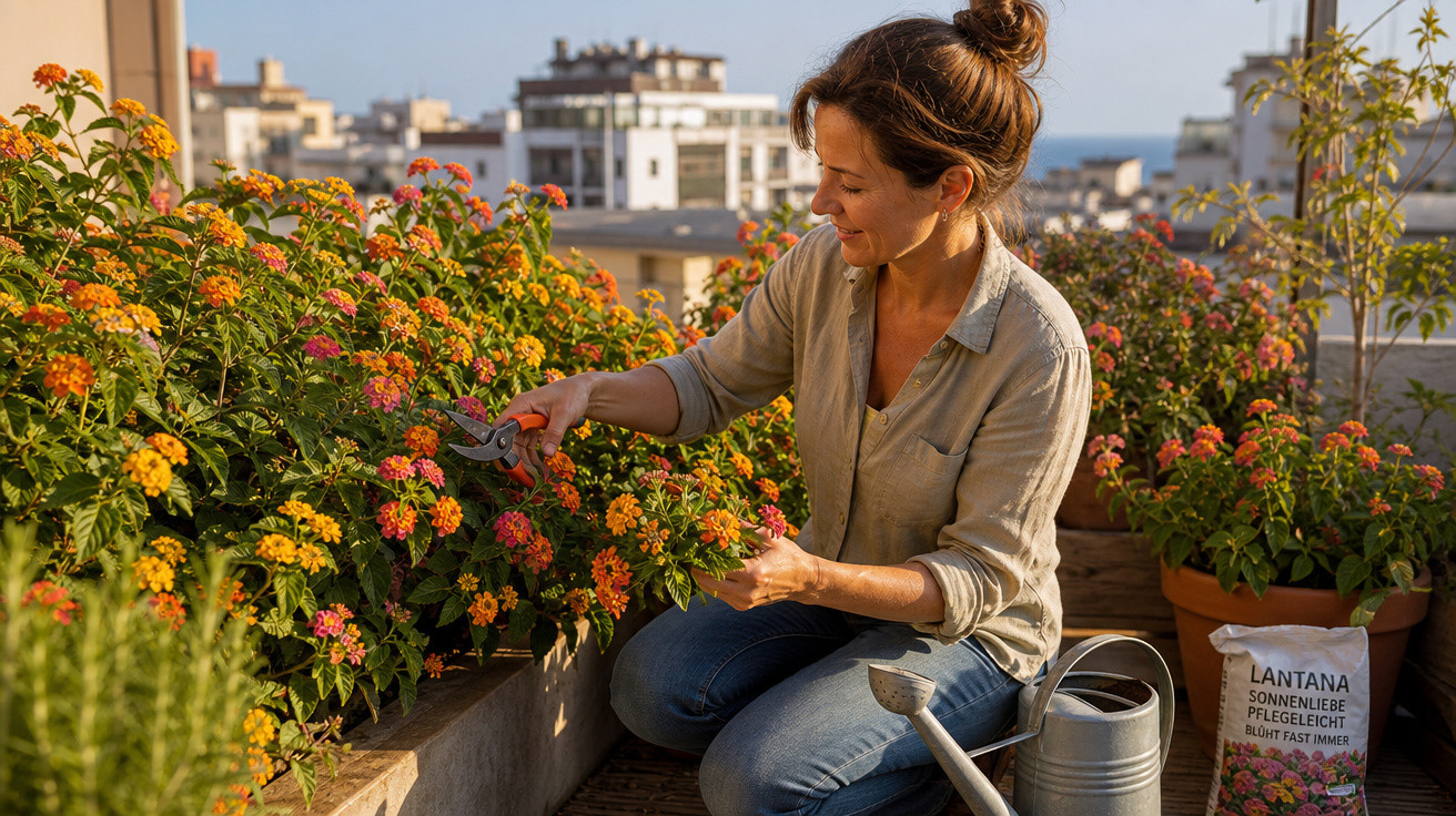 Mulher cuidando de flores laranjas e rosas em jardim urbano ensolarado.
