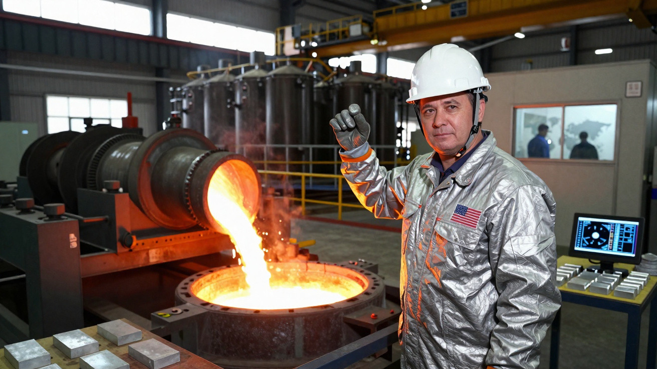 Homem com capacete e roupa térmica segura amostra perto de fundição com metal líquido em indústria.