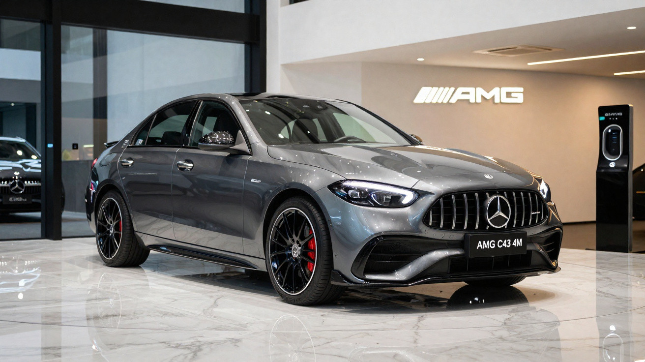 Carro esportivo Mercedes-Benz AMG C43 4M cinza em showroom com piso branco brilhante e logo AMG na parede.