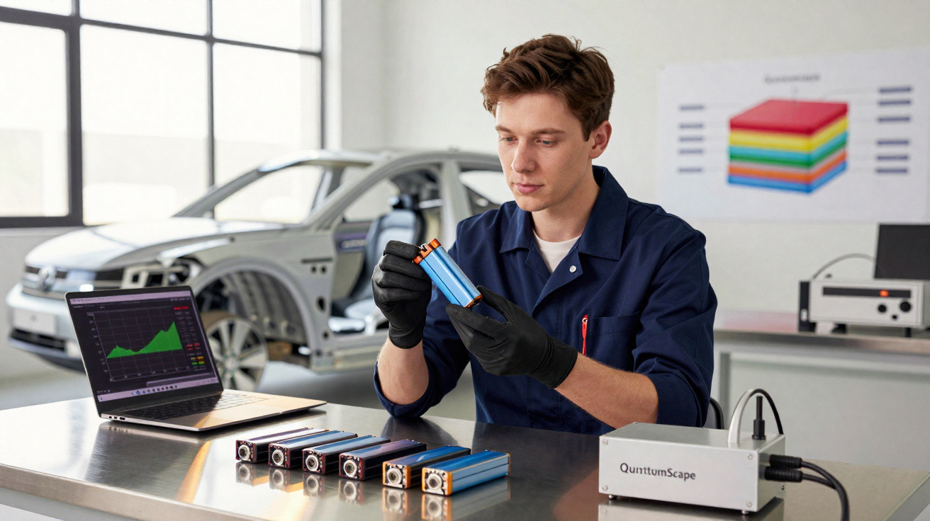 Jovem sentado em laboratório analisando bateria azul com carro elétrico ao fundo e computador com gráfico na tela.
