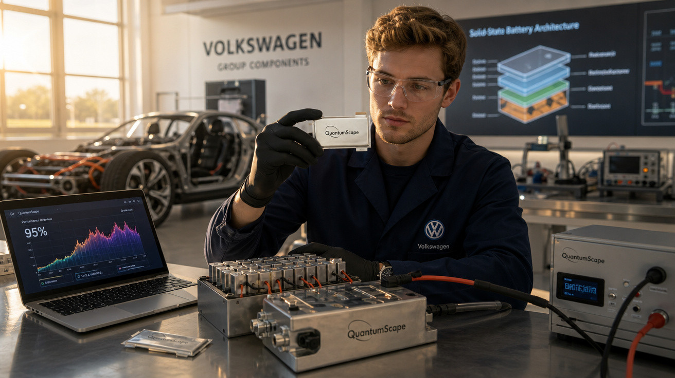 Engenheiro da Volkswagen analisando bateria QuantumScape em laboratório com carro elétrico ao fundo.