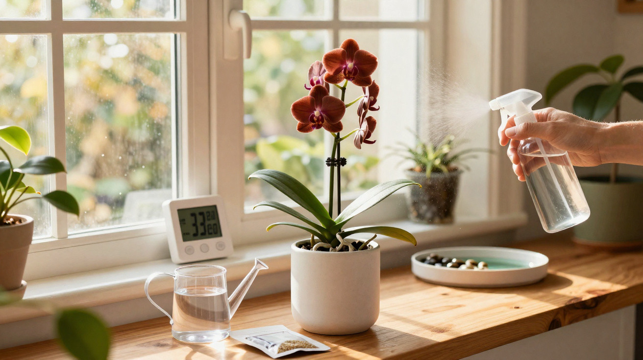 Mão borrifando água em orquídea vermelha em vaso branco sobre prateleira de madeira perto de janela.