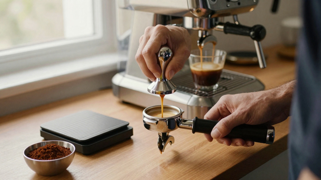 Pessoa usando prensa para preparar café expresso com máquina e grãos moídos sobre bancada de madeira.