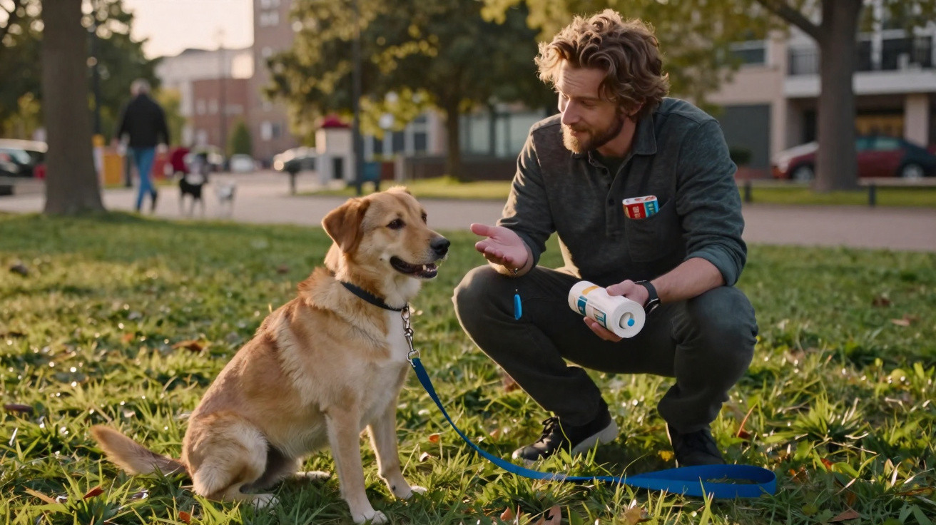 Homem agachado conversando com cachorro dourado sentado em parque com coleira azul.
