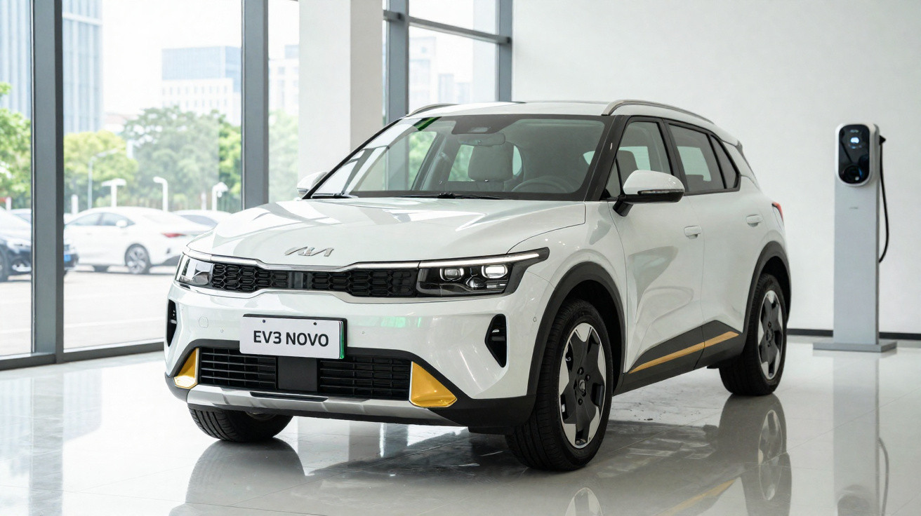Carro elétrico branco Kia EV3 novo estacionado em showroom com carregador ao fundo.