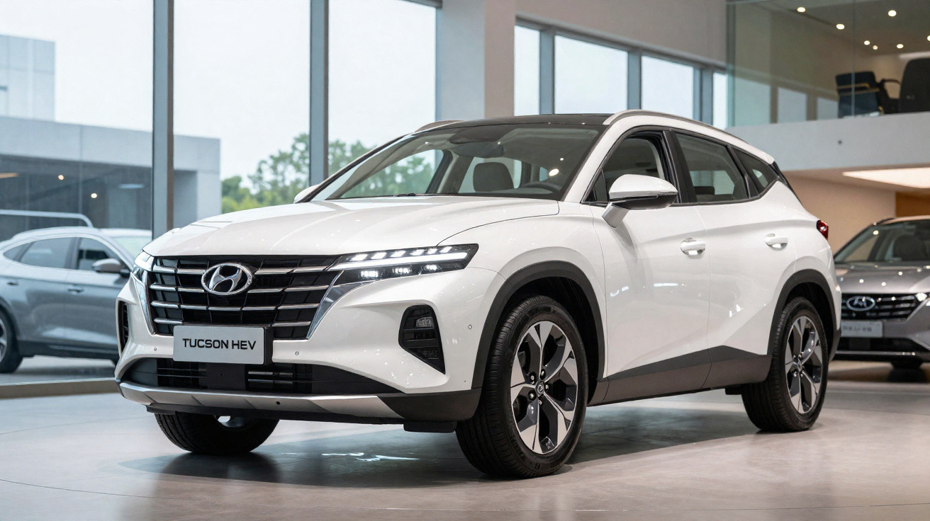 SUV Hyundai Tucson híbrido branco em exposição dentro de concessionária com iluminação natural.