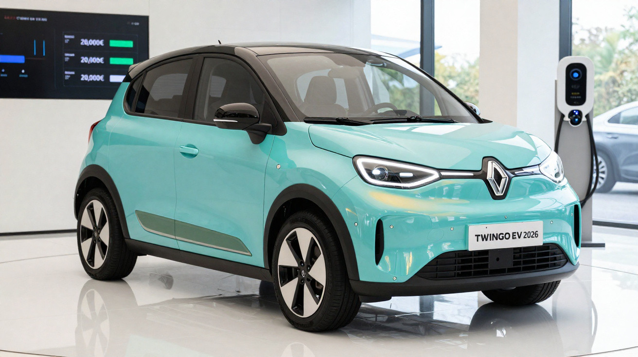 Renault Twingo EV 2026 azul claro em showroom com estação de carregamento elétrico ao fundo.
