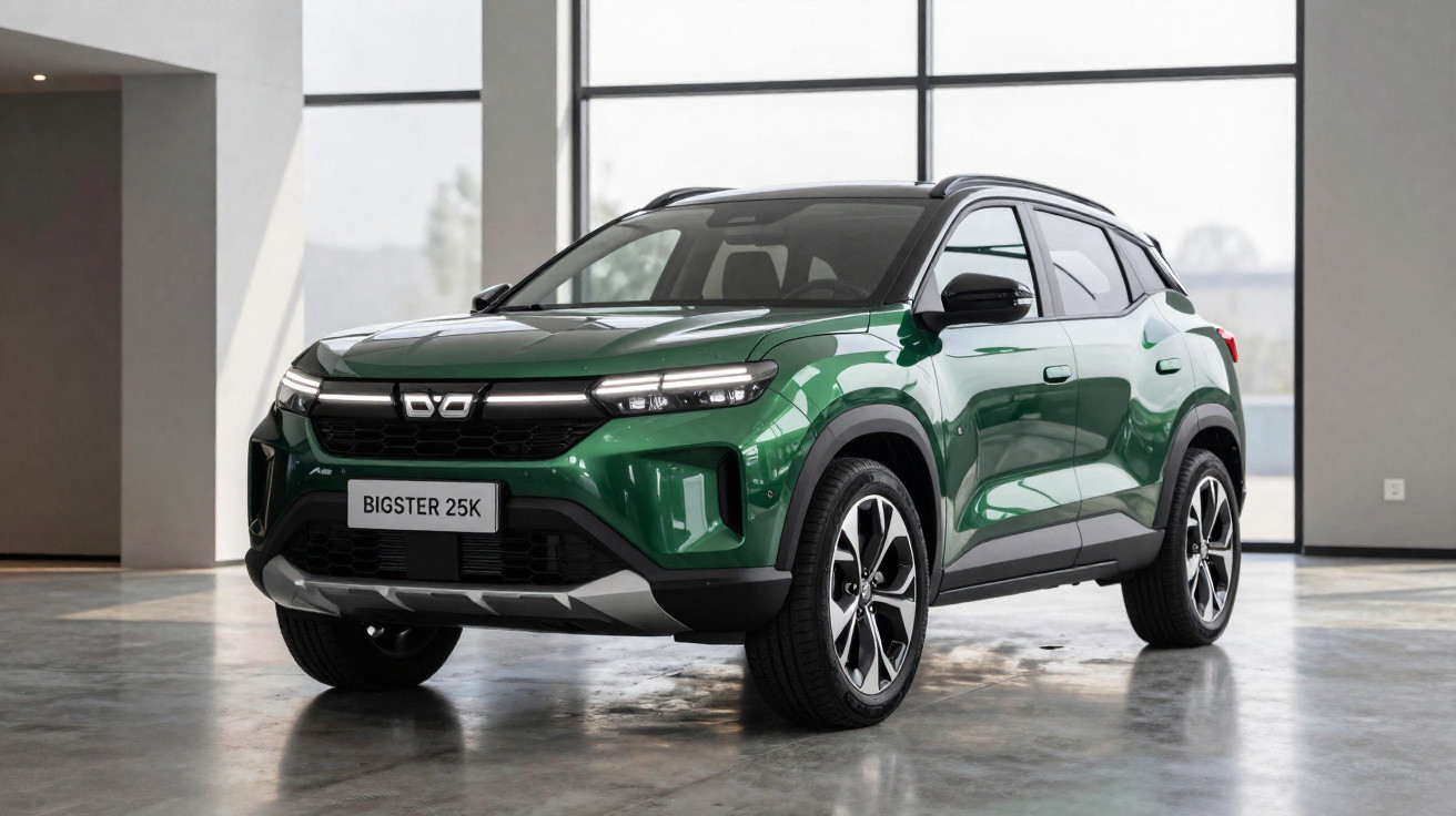 SUV verde com teto preto estacionado em ambiente interno com grandes janelas ao fundo.