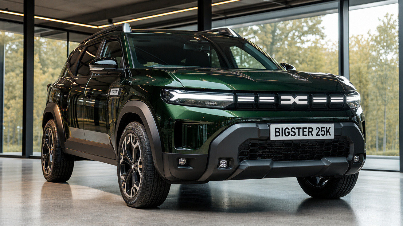 Veículo SUV verde escuro estacionado em ambiente interno com luz natural.