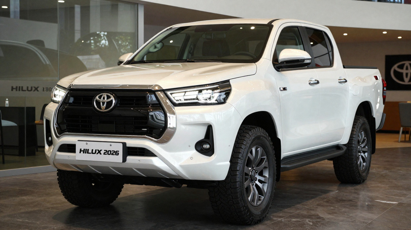 Picape Toyota Hilux branca modelo 2026 em showroom, vista frontal lado esquerdo.