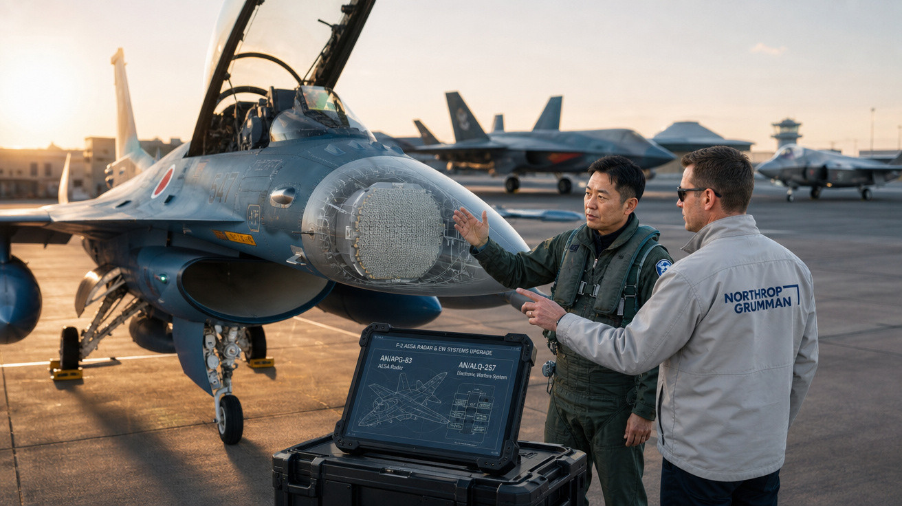 Dois homens analisando painel informativo ao lado de um caça militar em hangar ao pôr do sol.
