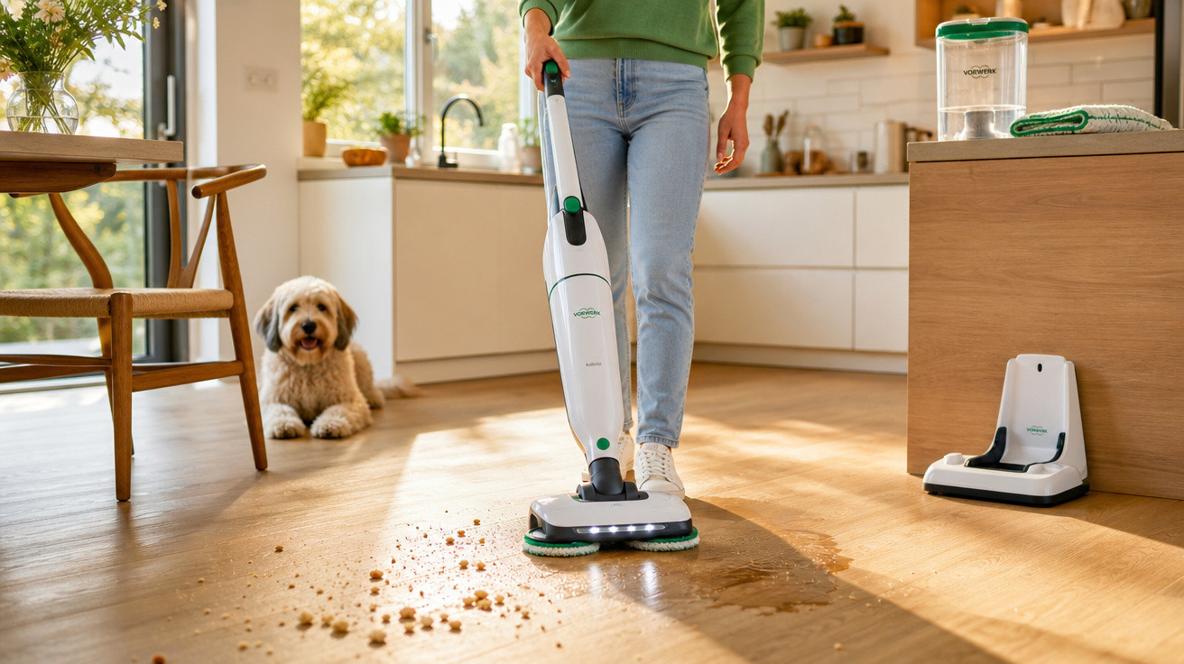 Pessoa limpando chão de madeira com mop elétrico branco em cozinha, com cachorro ao fundo.