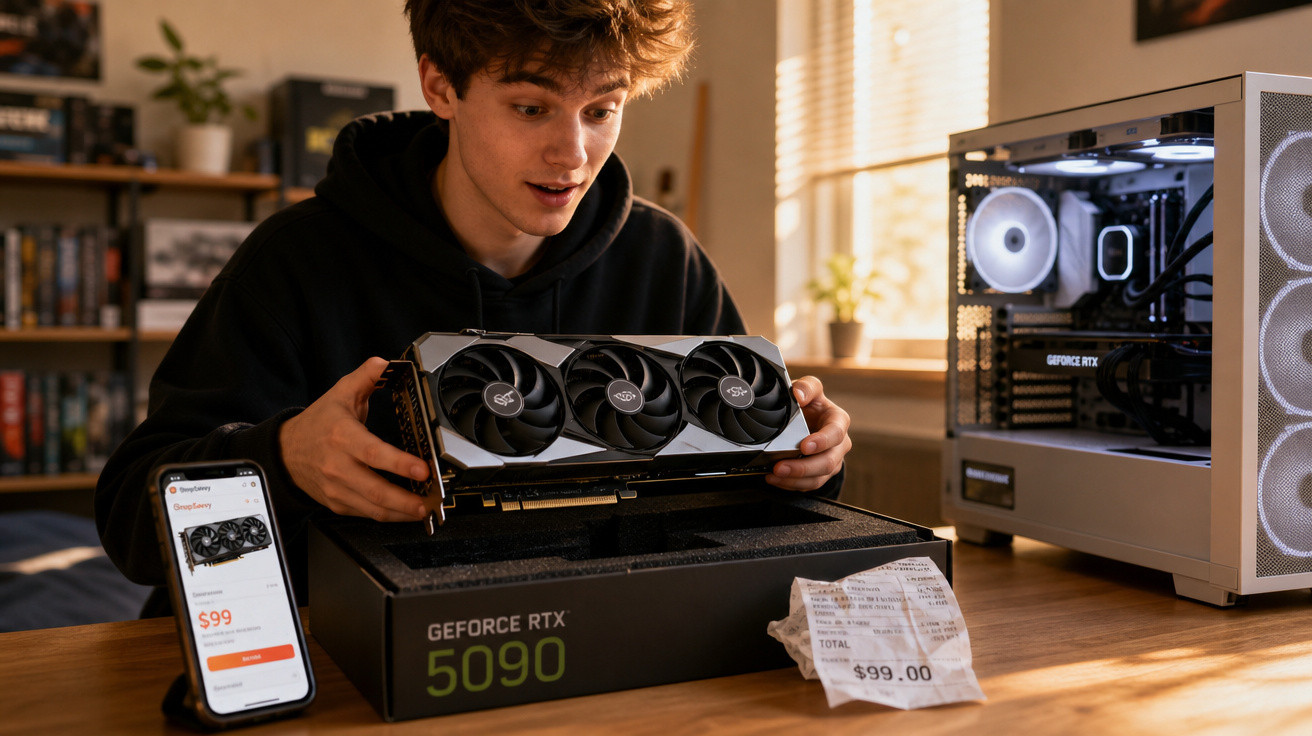 Jovem segurando placa de vídeo GeForce RTX 5090, com caixa, nota fiscal e celular mostrando preço de US$ 99.
