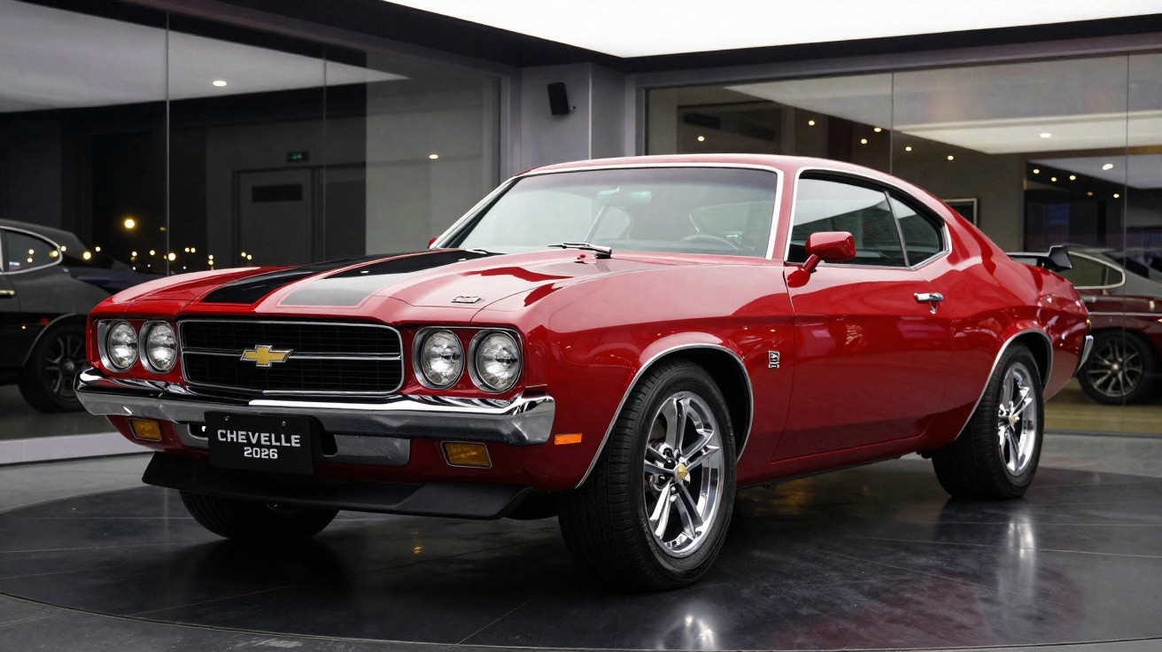 Carro Chevrolet Chevelle vermelho com faixa preta, modelo clássico, exposto em showroom moderno.