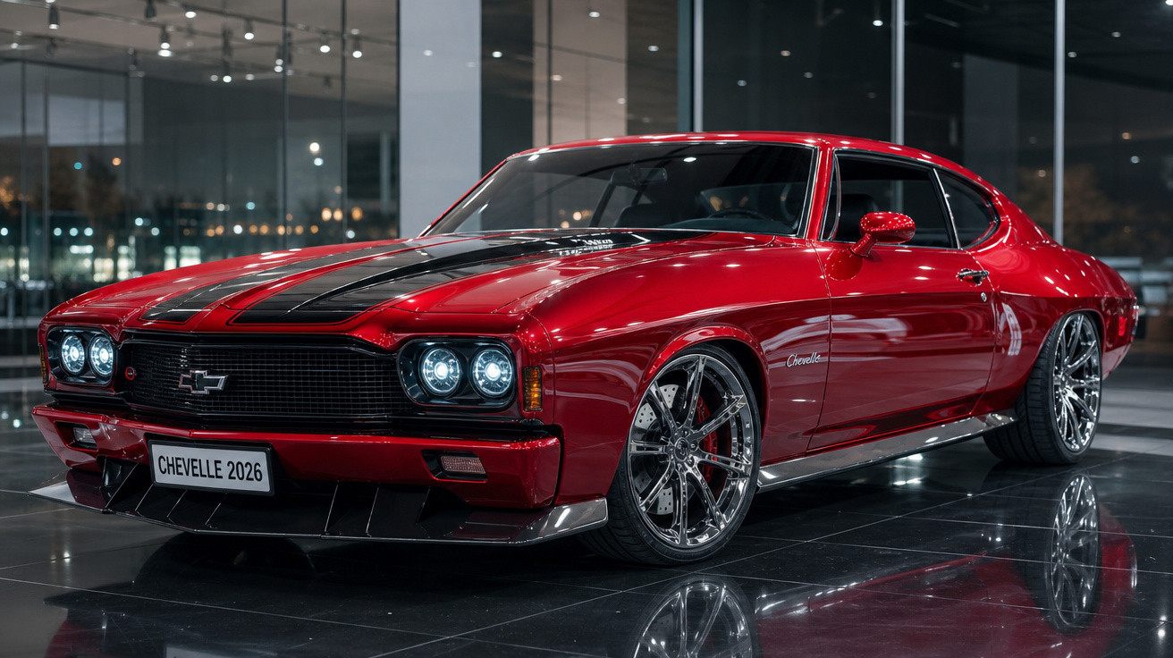 Carro esportivo Chevrolet Chevelle vermelho 2026 com faixas pretas e rodas cromadas em piso refletivo.