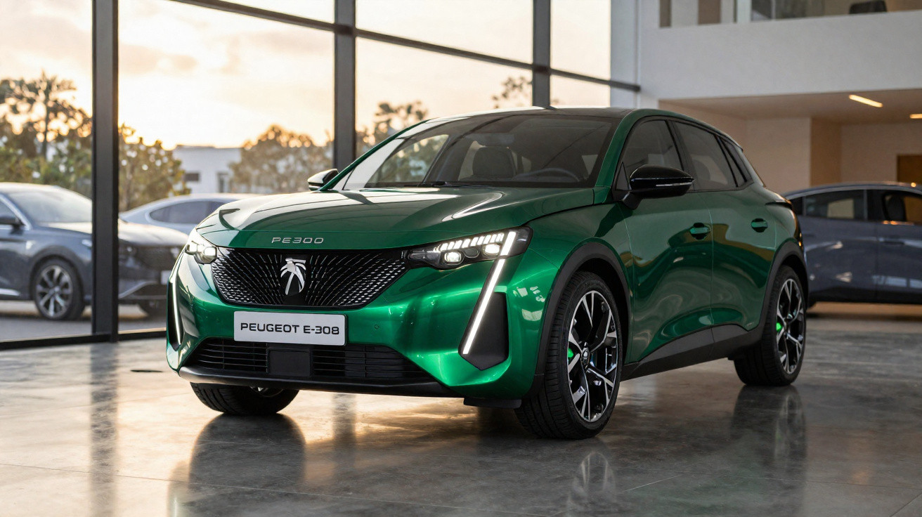 Carro verde elétrico Peugeot E-308 estacionado em showroom com iluminação natural ao fundo.