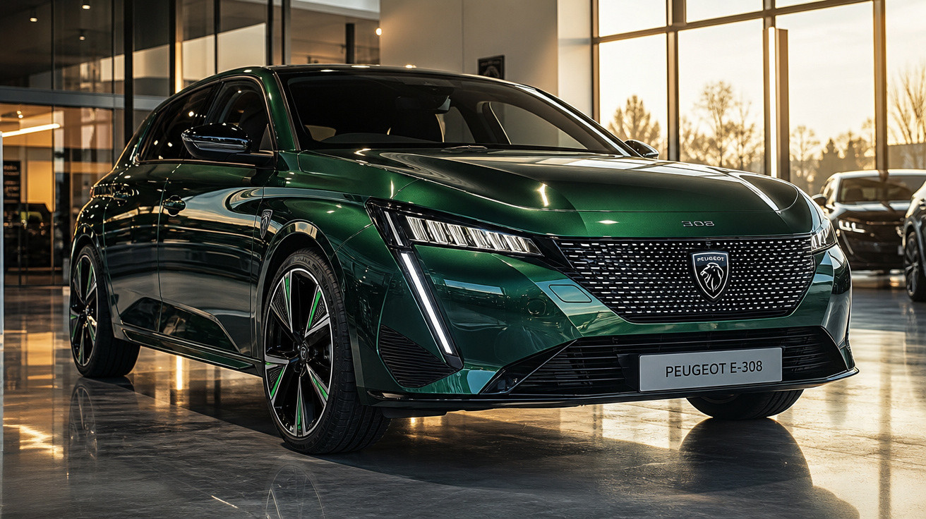 Carro elétrico Peugeot E-308 verde escuro exibido em showroom moderno com iluminação natural.
