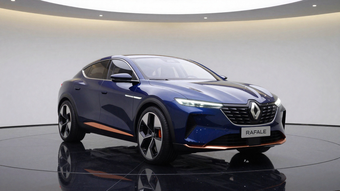 Carro elétrico Renault Rafale azul com detalhes em cobre exibido em estúdio minimalista.