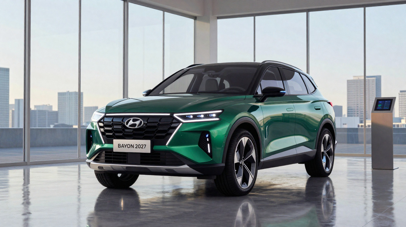 SUV Hyundai Bayon 2027 verde com teto preto em ambiente interno com janelas amplas e vista urbana.
