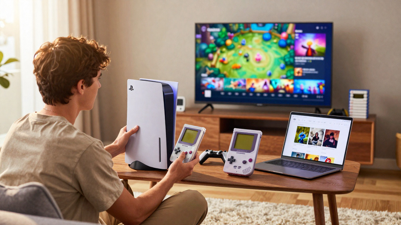Jovem sentado segurando um videogame portátil à frente de uma TV com jogo e uma mesa com consoles e laptop.