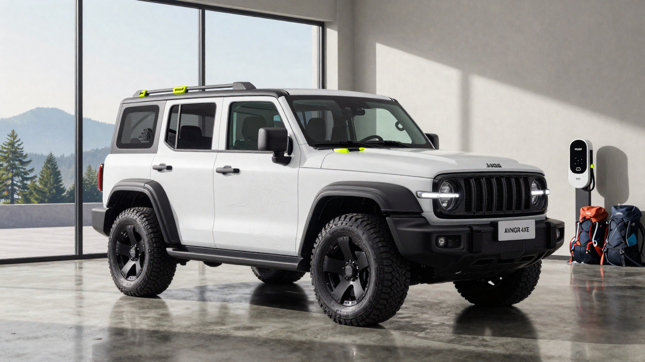 Carro elétrico Jeep branco estacionado próximo a carregador em garagem com vista para montanhas.