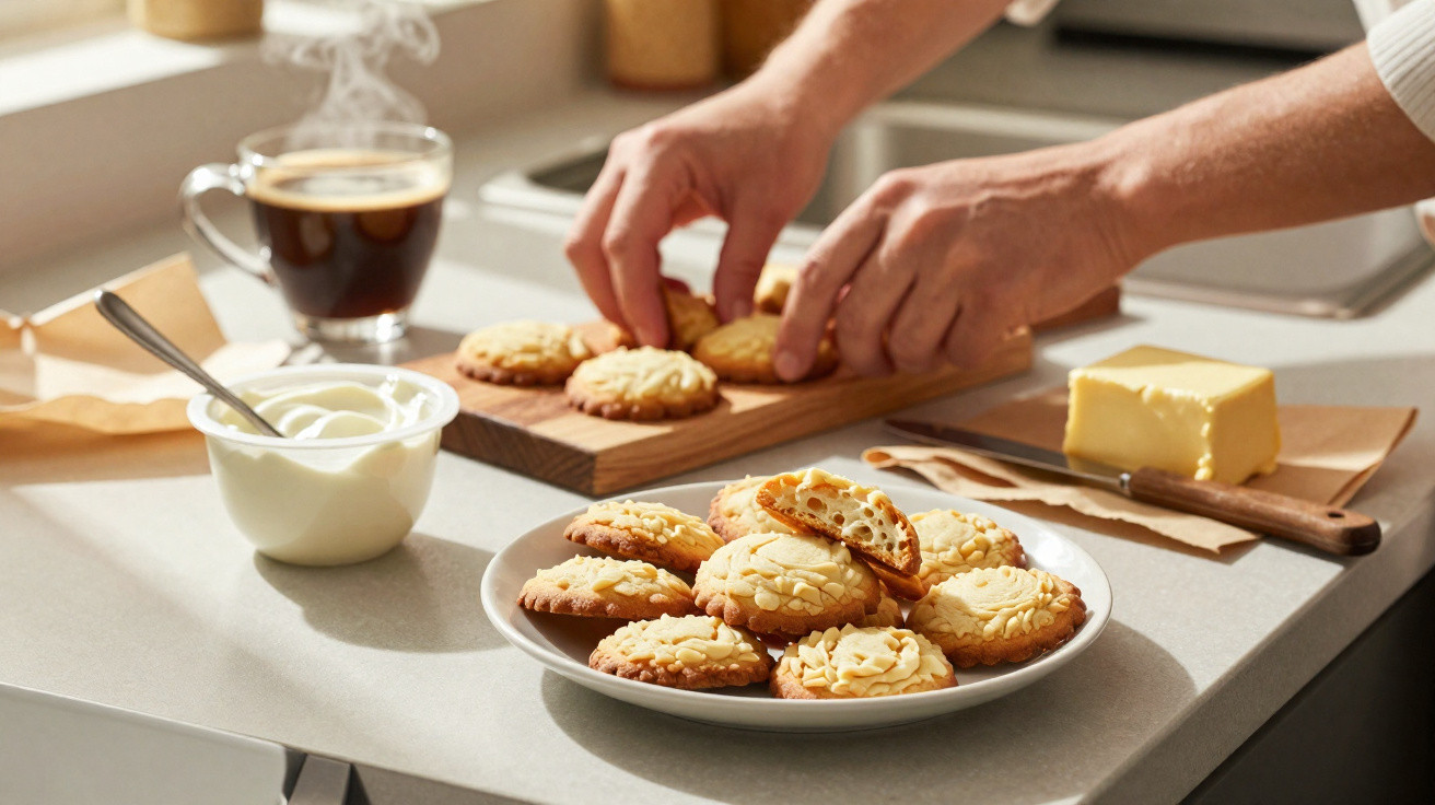 Biscoitos de amendoim em prato com manteiga, café quente e mãos organizando biscoitos em tábua de madeira.