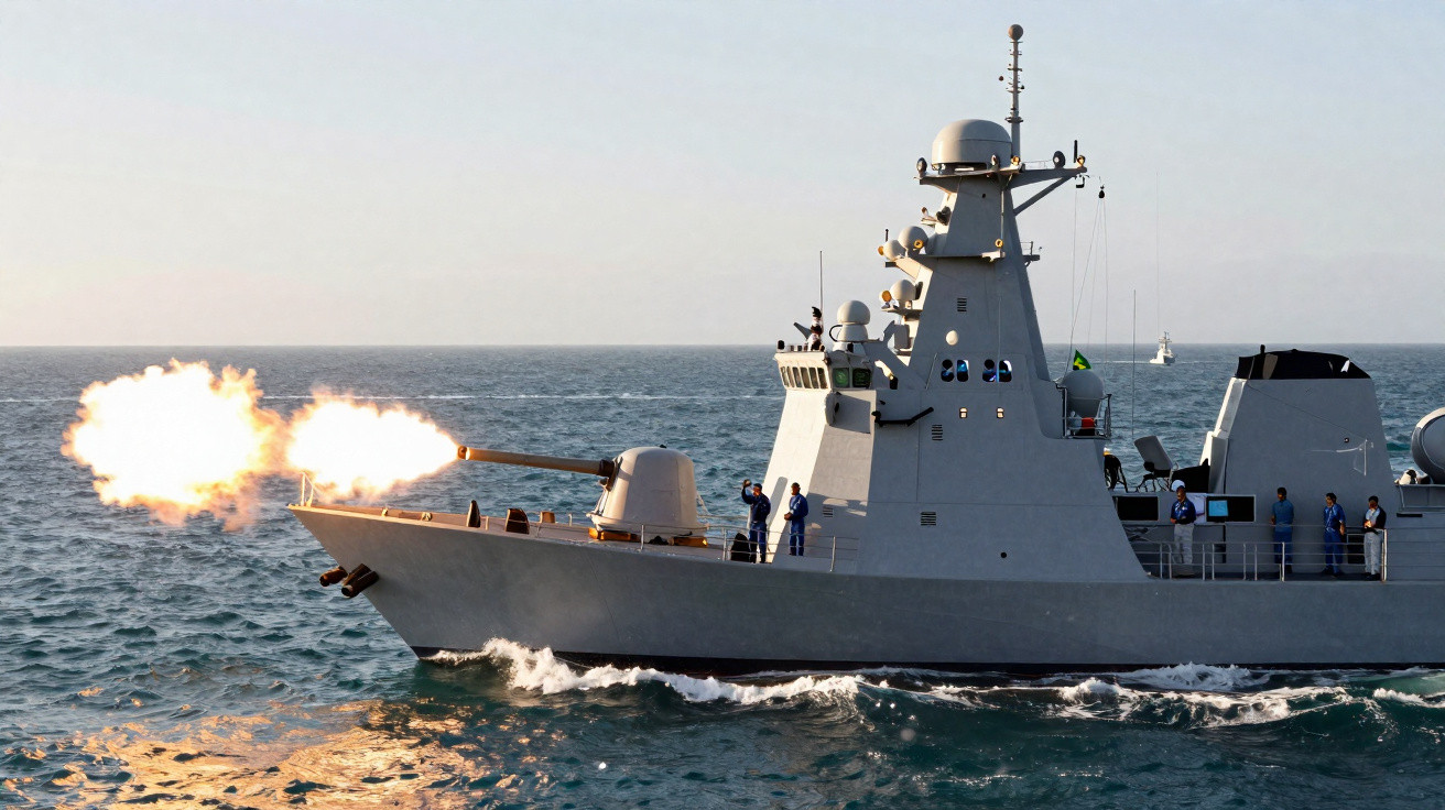 Navio de guerra disparando canhão no mar com tripulação a bordo em uniforme azul.