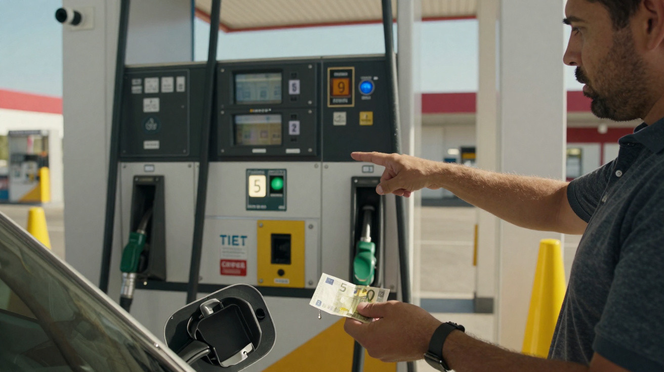 Homem preparando-se para abastecer carro segurando nota de euro em posto de combustível.