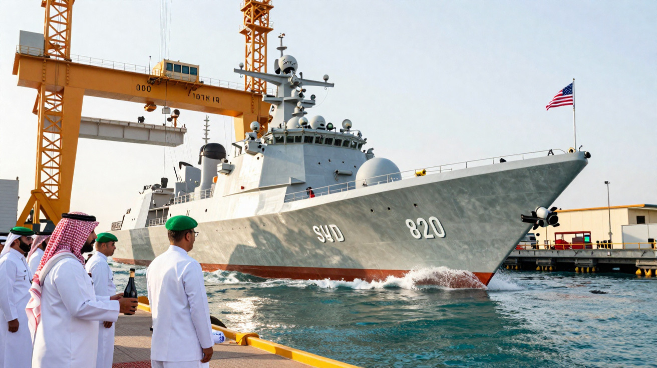 Navio militar cinza com bandeira dos EUA chega ao cais, com grupo de homens em roupas tradicionais observando.
