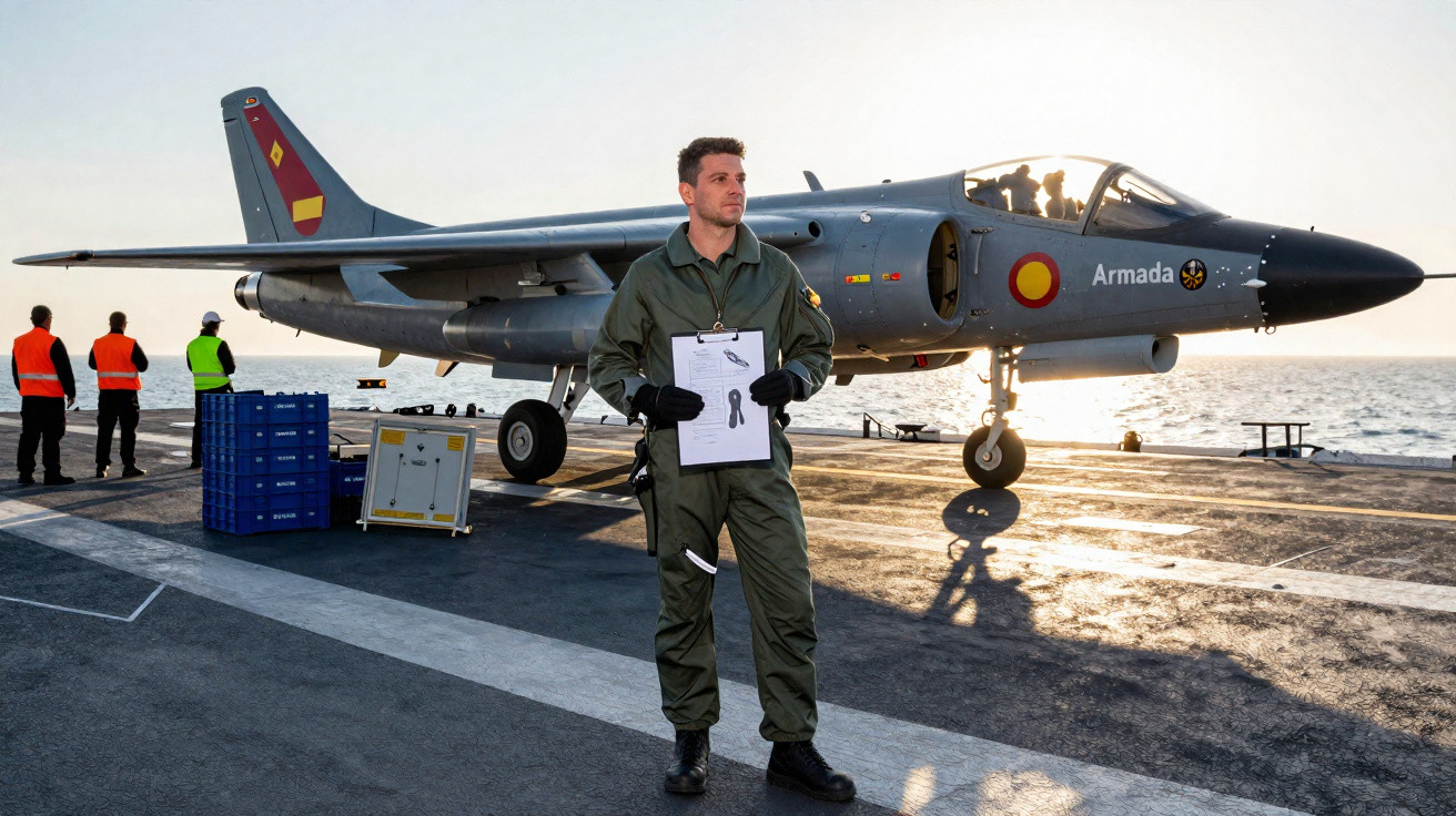 Piloto em uniforme verde segura checklist em convés com avião militar cinza da armada ao fundo no pôr do sol.
