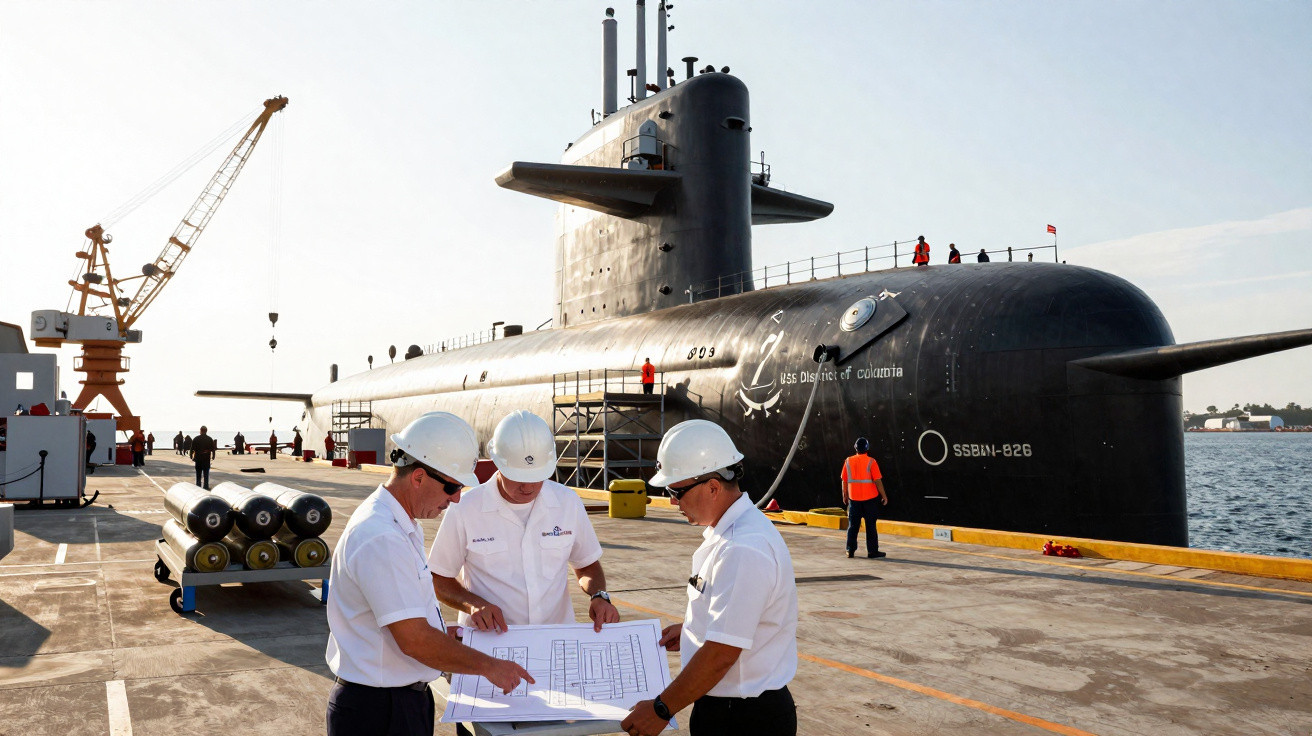 Três homens com capacetes revisam plantas ao lado de submarino militar atracado em porto industrial.