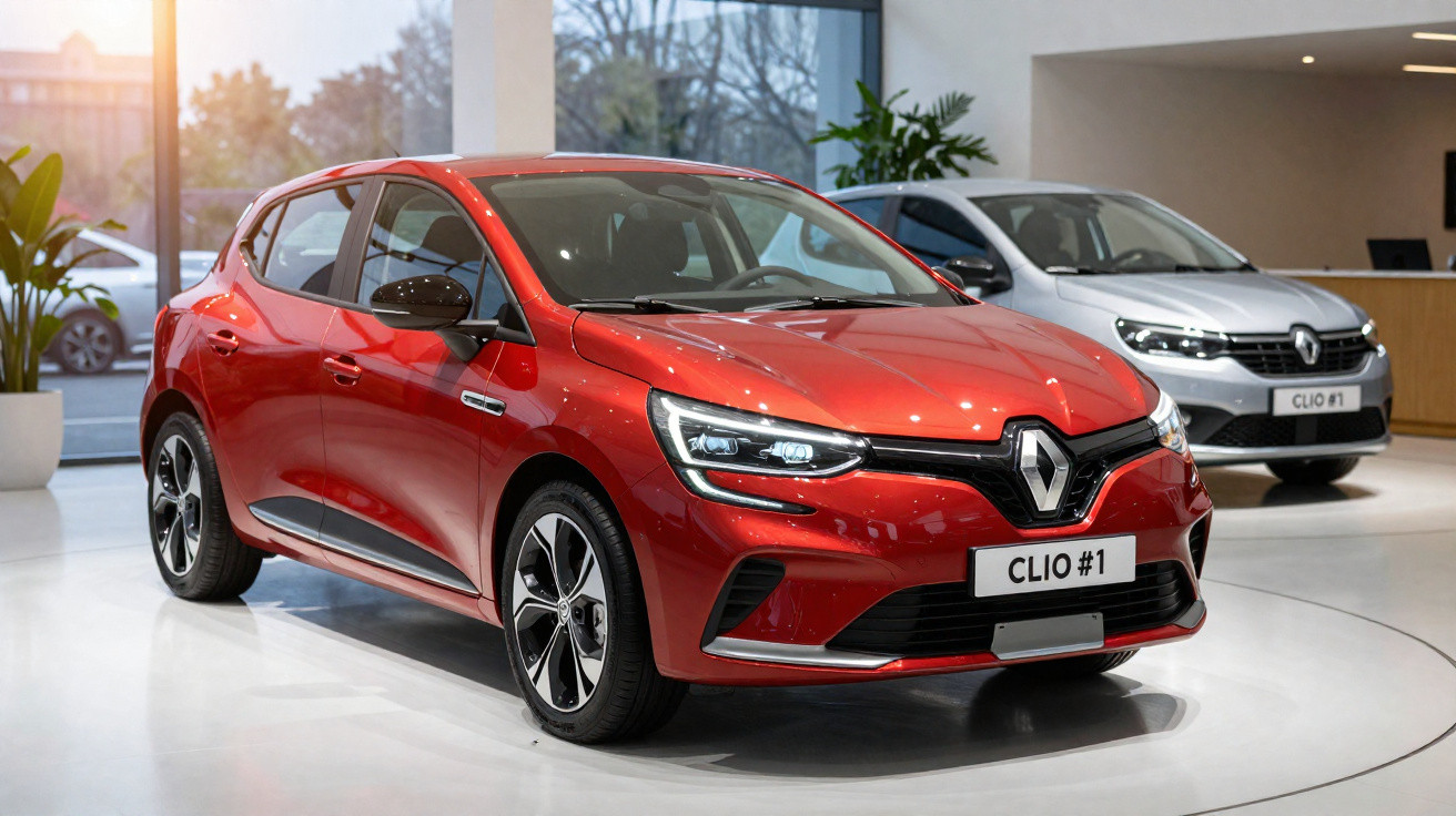 Carros Renault Clio #1 expostos em showroom, um vermelho e outro cinza, com ambiente moderno e iluminação natural.