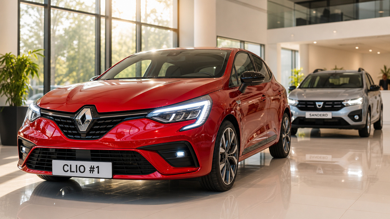 Carro vermelho Renault Clio exibido em showroom com carro cinza Dacia Sandero ao fundo.