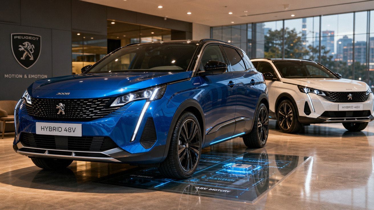 Dois carros híbridos Peugeot 3008, um azul e um branco, expostos em showroom moderno.