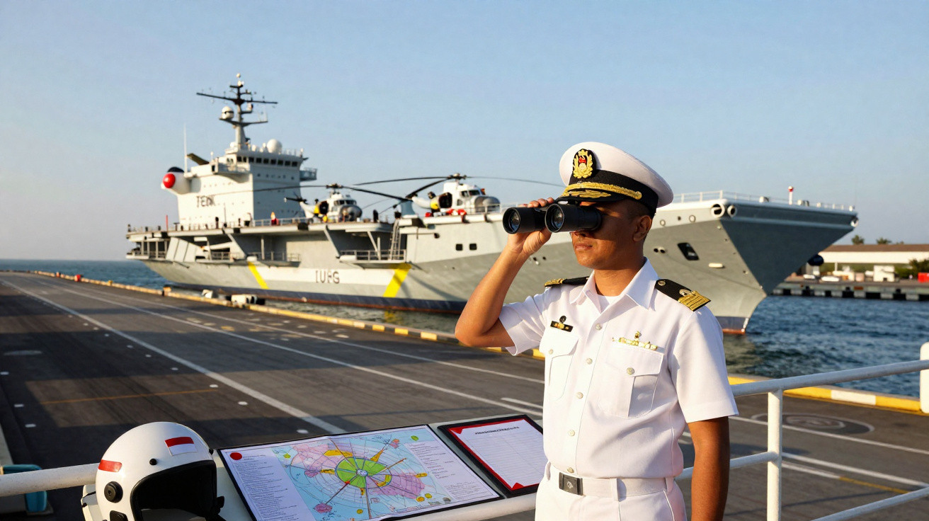 Oficial naval em uniforme branco observa com binóculos próximo a mapa sobre convés de porta-aviões no mar.