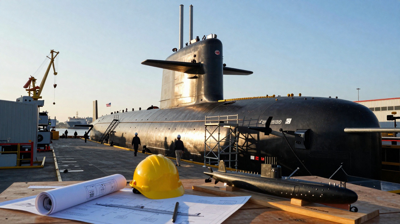 Submarino preto atracado, trabalhadores ao redor, capacete amarelo e maquete de submarino com plantas técnicas na mesa.