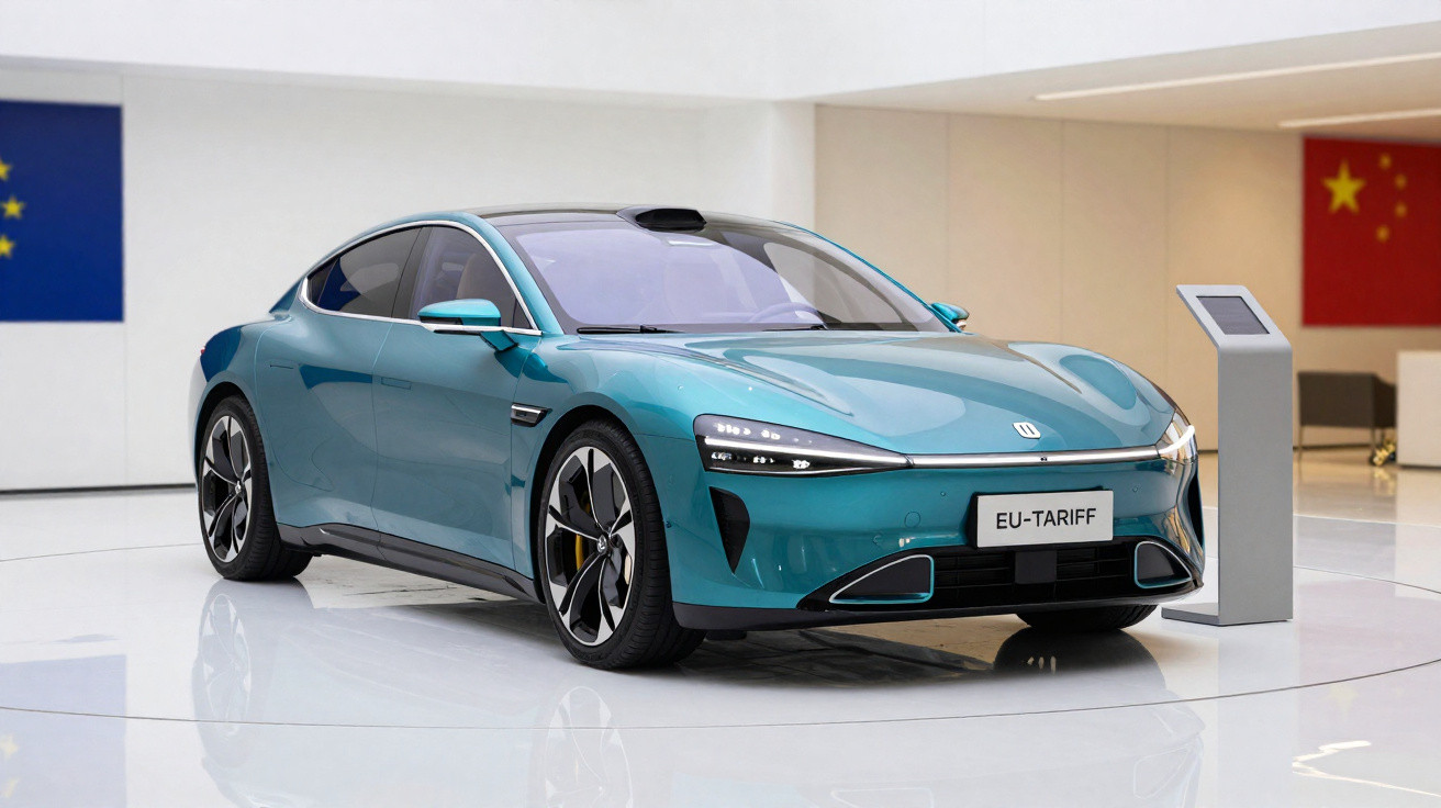 Carro elétrico azul exibido em estande com placas da União Europeia e China ao fundo.