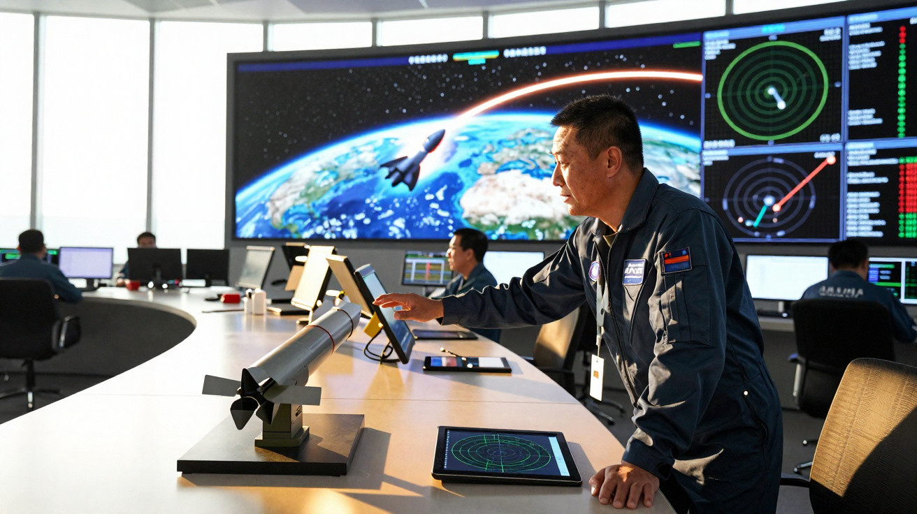 Homem em uniforme em centro de comando monitorando dados de satélite e imagens da Terra na tela grande.