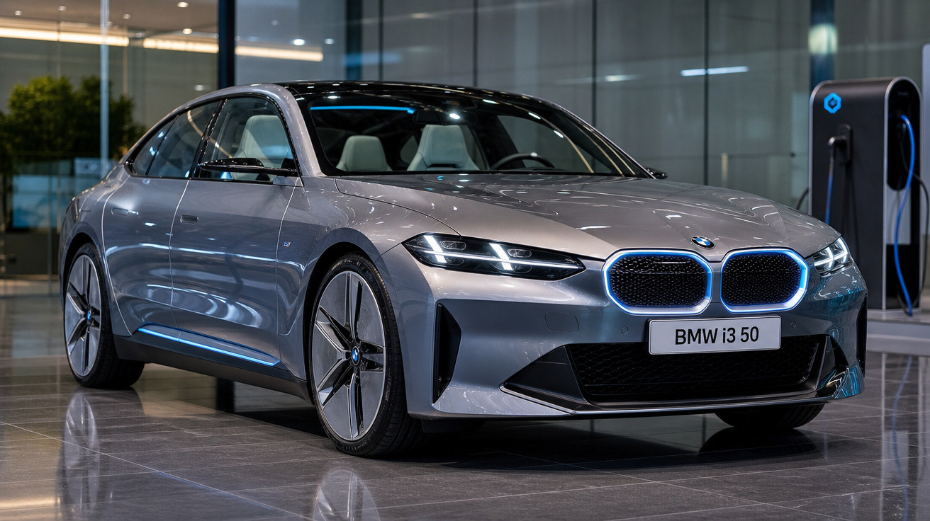 Carro elétrico BMW i3 50 prata estacionado em showroom moderno com carregador ao fundo.