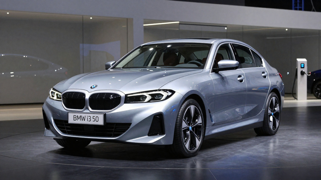 Carro prata BMW i3 50 estacionado em ambiente interno moderno, com iluminação artificial.