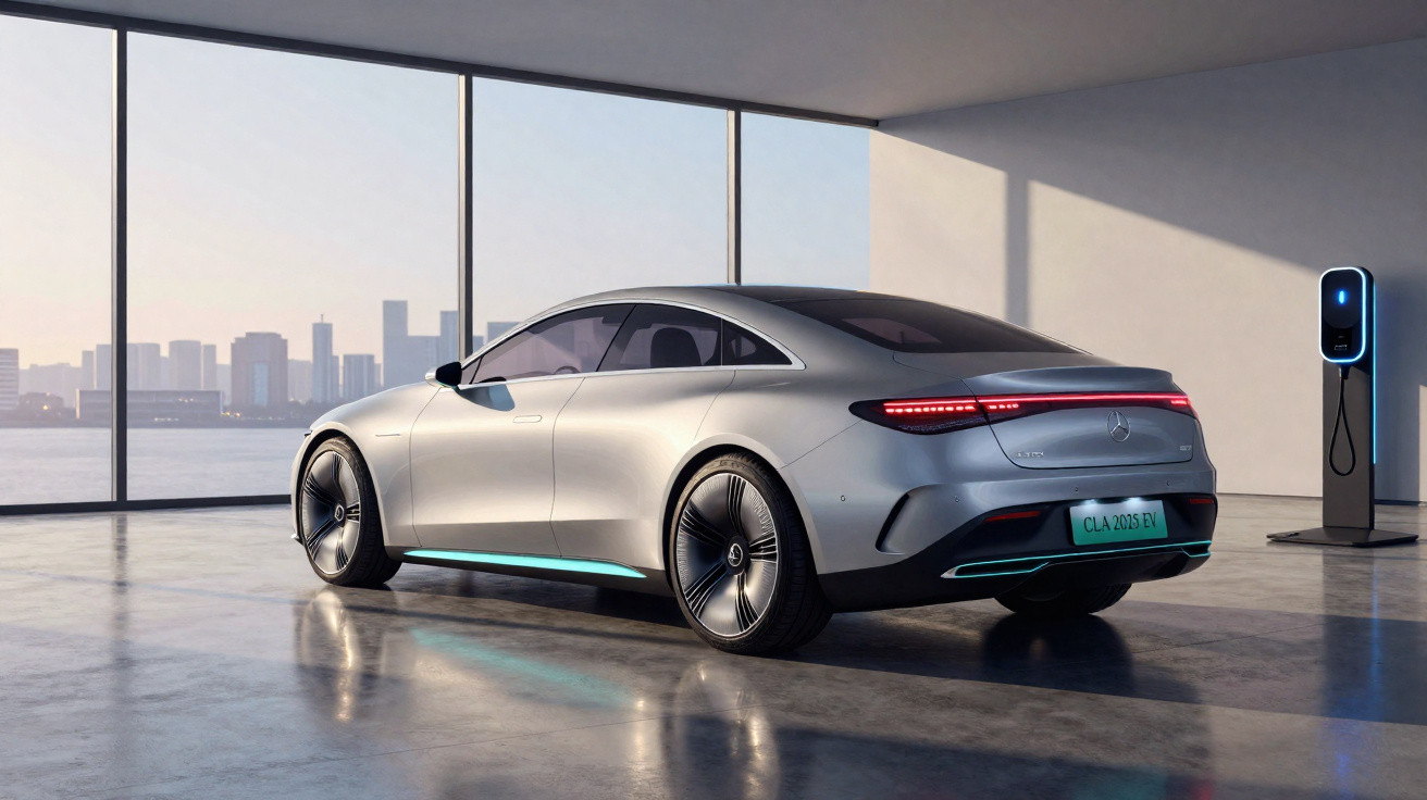 Carro elétrico prata Mercedes-Benz estacionado em garagem moderna com parede de vidro e estação de recarga.