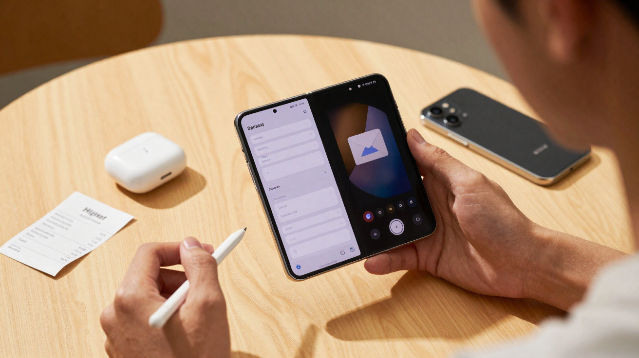 Pessoa segurando smartphone dobrável com caneta stylus, mesa de madeira com fones e recibo.